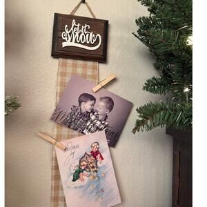 Holiday Card Holder Let it Snow Wooden Topper Brown White Plaid Ribbon